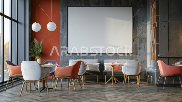 صالة مقهى بديكورات وألوان جذابة، أثاث داخلي راقي بالوان عصرية لمطعم في المملكة العربية السعودية، الفن الهندسي المعماري على الطراز الحديث، الديكورات والتصاميم الداخلية للكافيهات والمطاعم