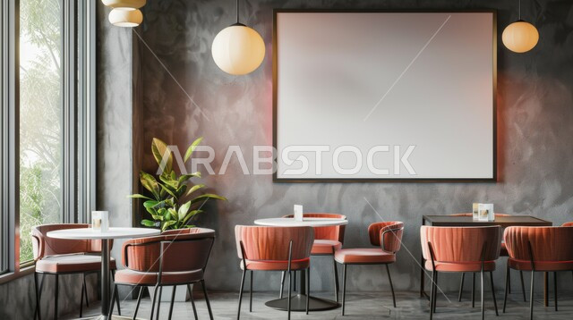 صالة مقهى بديكورات وألوان جذابة، أثاث داخلي راقي بالوان عصرية لمطعم في المملكة العربية السعودية، الفن الهندسي المعماري على الطراز الحديث، الديكورات والتصاميم الداخلية للكافيهات والمطاعم