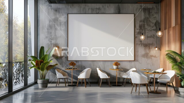 صالة مقهى بديكورات وألوان جذابة، أثاث داخلي راقي بالوان عصرية لمطعم في المملكة العربية السعودية، الفن الهندسي المعماري على الطراز الحديث، الديكورات والتصاميم الداخلية للكافيهات والمطاعم