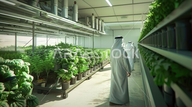 The concept of plant care and attention using modern methods, Arab men ...