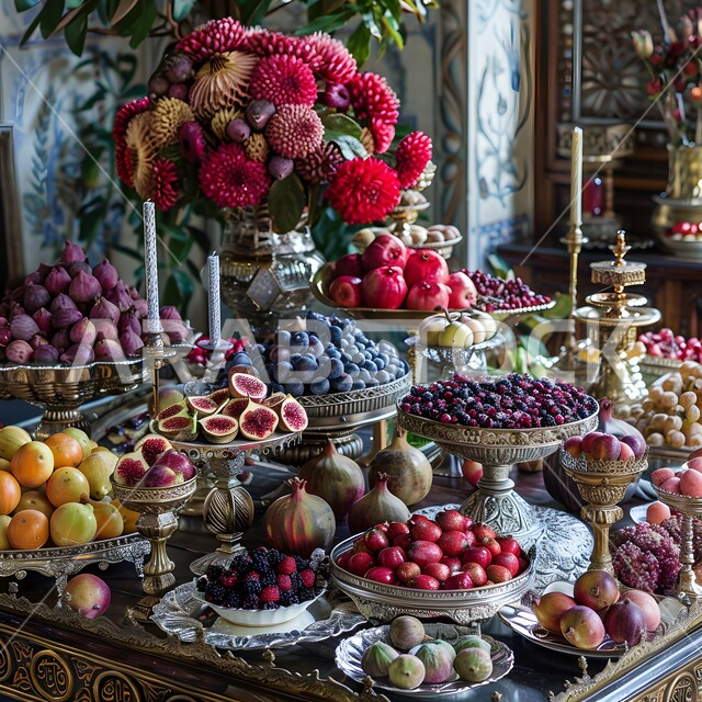 مائدة مليئة بأنواع الفواكه الطازجة, أطباق الطعام الصحية اللذيذة، وجبات الطعام الشهية، أكلات ذات قيمة غذائية عالية, محاصيل محلية وطنية سعودية