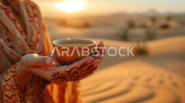 A woman's hands holding a cup in the desert, coffee on the sand, Bedouin life in Saudi Arabia, a camping trip in hot areas, a background of the Saudi desert