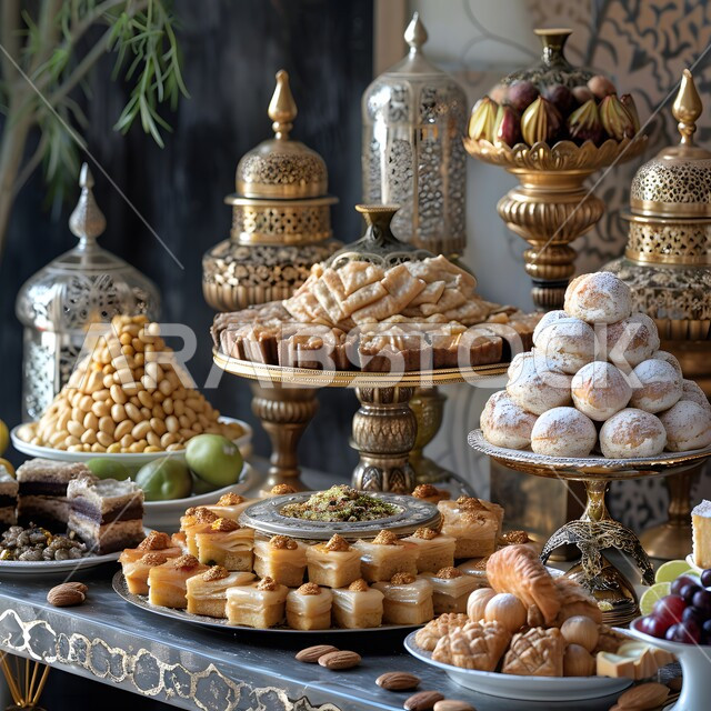 مائدة احتفالية مليئة بالمأكولات الشرق أوسطية, أطباق الطعام الصحية اللذيذة، مطاعم للمأكولات العربية الشرقية، وجبات الطعام الشهية، أكلات ذات قيمة غذائية عالية