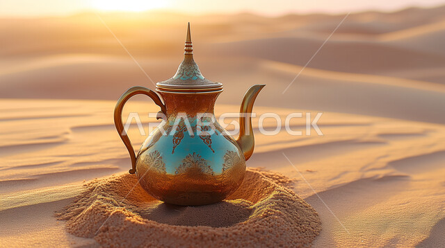  تقديم المشروبات الساخنة للضيوف، المغامرات والكشتات البرية، الطبيعة والرمال الذهبية الناعمة، أجواء التخييم الشبابية الممتعة، مخيمات سياحية في صحاري المملكة العربية السعودية، منتجات وطنية محلية، صورة مقربة لإبريق الشاي العربي التقليدي 