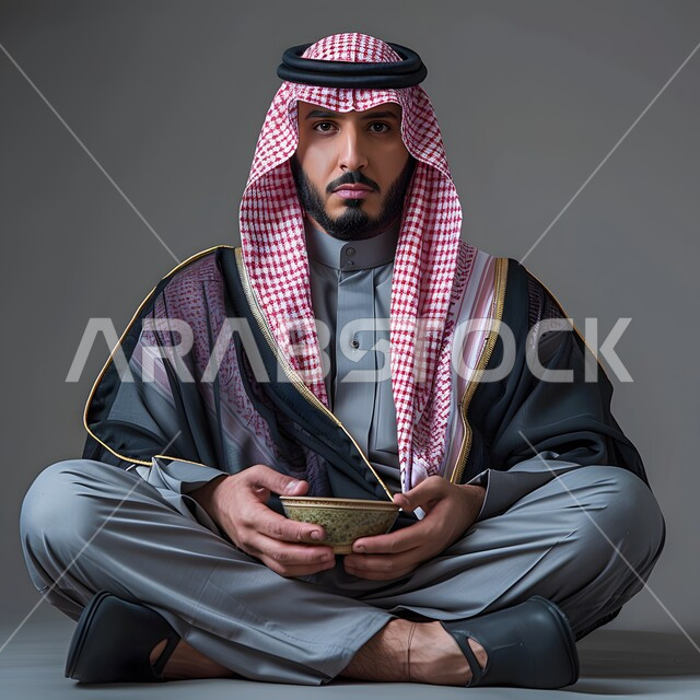 النظر إلى الكاميرا بإيماءات الجدية و الحزم, مفهوم الاهتمام بالمظهر الخارجي, بورتريه لشاب عربي خليجي سعودي يرتدي الثوب التقليدي و الشماغ يجلس على الأرض و يحمل بيده وعاء, خلفية رمادية
