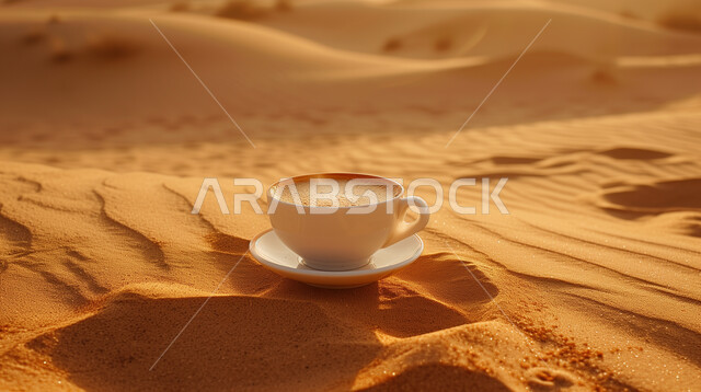 الطبيعة والرمال الذهبية الناعمة، تقديم المشروبات الساخنة للضيوف، المغامرات والكشتات البرية، أجواء التخييم الشبابية الممتعة، مخيمات سياحية في صحاري المملكة العربية السعودية، منتجات وطنية محلية، صورة لفنجان من القهوة العربية على الرمال في الصحراء 