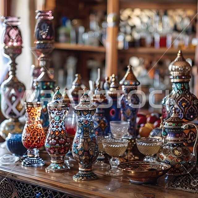مجموعة من التحف الشعبية التقليدية, أواني زجاجية مزخرفة على طاولة خشبية, زخرفات على الطراز العربي القديم, صناعات تراثية محلية في السعودية