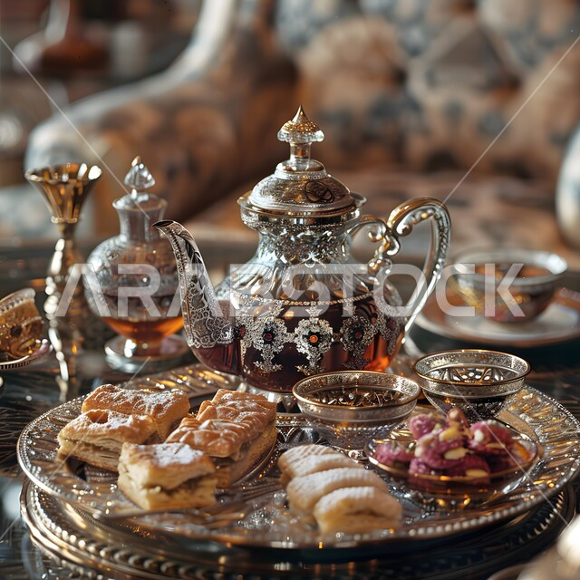الاستمتاع بالمشروبات الساخنة مع حلويات العيد, شاي تقليدي مع قطع الحلوى اللذيذة، حسن الضيافة و كرم الاستقبال في المملكة العربية السعودية، العادات العربية القديمة في الأعياد والمناسبات
