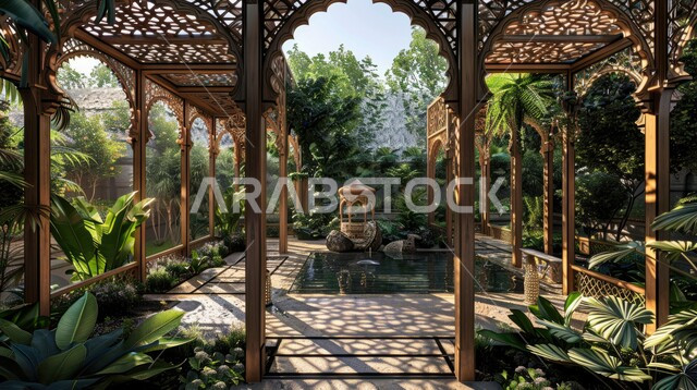 الديكورات الداخلية للحدائق، أماكن ومناطق عائلية للتنزه والترفيه والمتعة، نافورة مياه وسط حديقة في الفناء، التشجير وزراعة النباتات الخضراء مورقة، مفهوم الهدوء والاسترخاء، أماكن سياحية  ترفيهية طبيعية