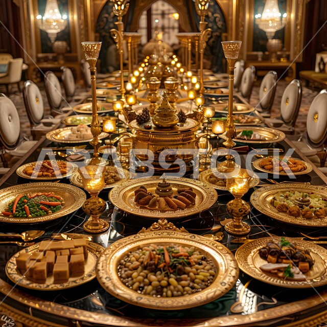 إعداد طاولة عشاء فاخرة مع لمسات ذهبية, أكلات عربية تقليدية ،مطاعم للمأكولات الشرقية, وصفات وأطباق شعبية لذيذة، وجبات الطعام الصحية الشهية، مطابخ المملكة العربية السعودية