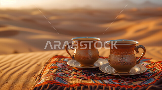 coffee on the sand in Arabic style against the background of sand and sunset