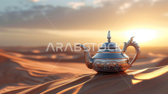 تقديم المشروبات الساخنة للضيوف، المغامرات والكشتات البرية، الطبيعة والرمال الذهبية الناعمة، أجواء التخييم الشبابية الممتعة، مخيمات سياحية في صحاري المملكة العربية السعودية، منتجات وطنية محلية، صورة مقربة لإبريق الشاي العربي التقليدي