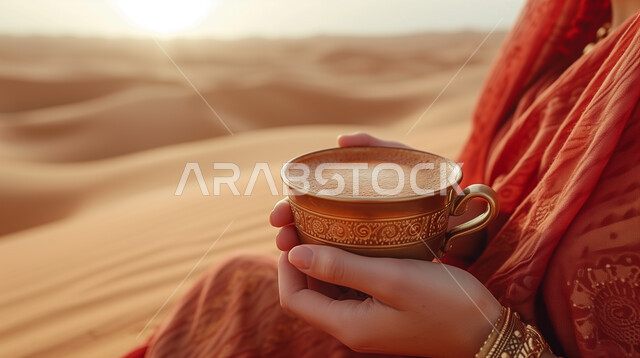 مفهوم القهوة على الرمال في الصحراء, يدا امرأة تحملان فنجان في الصحراء، قهوة على الرمال, حياة البدو في السعودية ، رحلة تخييم في المناطق الصحراوية ، خلفية للصحراء السعودية