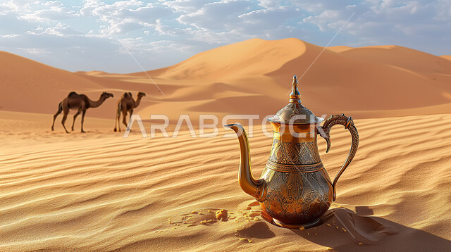 تقديم المشروبات الساخنة للضيوف، المغامرات والكشتات البرية، الطبيعة والرمال الذهبية الناعمة،  أجواء التخييم الشبابية الممتعة، مخيمات سياحية في صحاري المملكة العربية السعودية، منتجات وطنية محلية، صورة مقربة لإبريق الشاي العربي التقليدي وخلفه الجمال