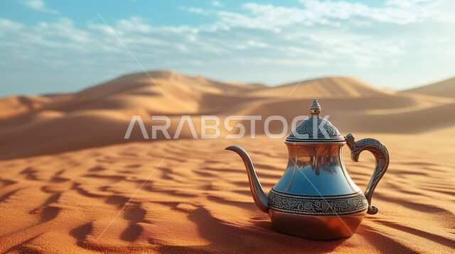 Providing hot drinks to guests, wild adventures and snacks, nature and soft golden sand, fun youthful camping atmosphere, tourist camps in the deserts of the Kingdom of Saudi Arabia, local national products, a close-up of a traditional Arabic teapot with camels behind it.
