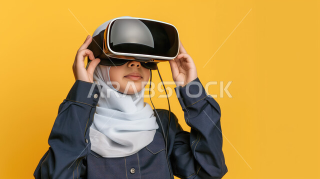 Using modern and advanced technologies, digital transformation and technical progress, gestures of integration and focus in virtual reality, close-up portrait of a veiled Saudi Arabian Gulf young woman wearing casual clothes and VR glasses, yellow background