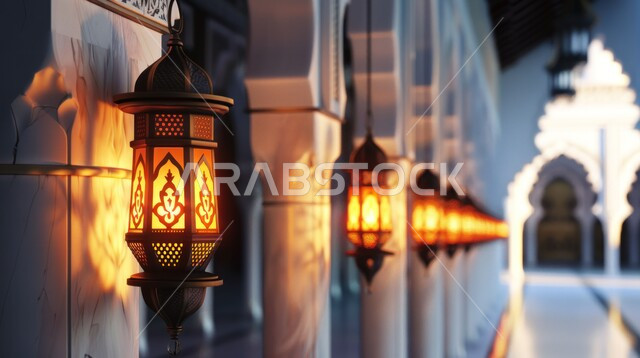 الاحتفال بشهر رمضان المبارك، فوانيس اسلامية وتحف تقليدية للاستعداد لقدوم شهر الخير، أضواء وأنوار وديكورات المناسبات الاسلامية والدينية، الأجواء الرمضانية الروحانية، فانوس عربي معدني مزخرف مضيء