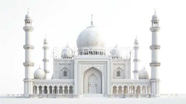 رسم توضيحي للمسجد الكبير المهيب، ديكورات وتصاميم اسلامية ثري دي، المآذن والقبب المزخرفة، الفن الهندسي المعماري، تصميم لجامع إسلامي على الطراز العريق، خلفية بيضاء