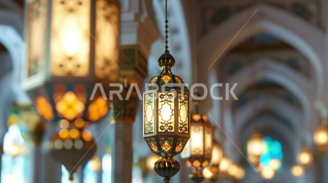 Celebrating the holy month of Ramadan, Islamic lanterns and traditional antiques to prepare for the coming of the blessed month, lights, lights, and decorations for Islamic and religious occasions, the spiritual Ramadan atmosphere, a luminous ornate metal Arabic lantern.