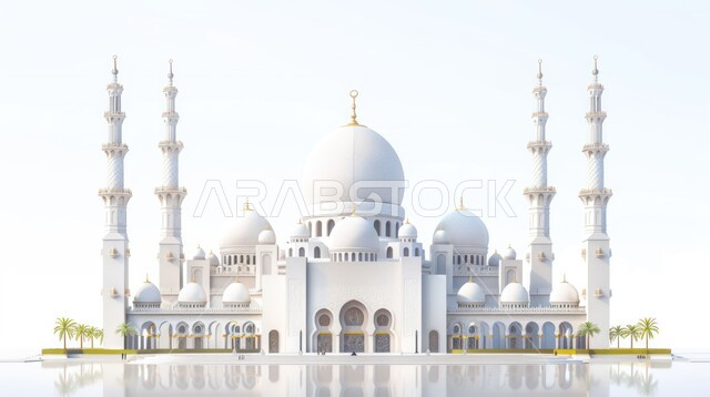 رسم توضيحي للمسجد الكبير المهيب، ديكورات وتصاميم اسلامية ثري دي، المآذن والقبب المزخرفة، الفن الهندسي المعماري، تصميم لجامع إسلامي على الطراز العريق، خلفية بيضاء