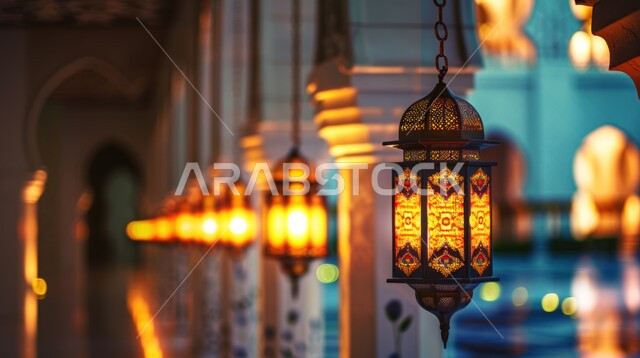 الاحتفال بشهر رمضان المبارك، فوانيس اسلامية وتحف تقليدية للاستعداد لقدوم شهر الخير، أضواء وأنوار وديكورات المناسبات الاسلامية والدينية، الأجواء الرمضانية الروحانية، فانوس عربي معدني مزخرف مضيء