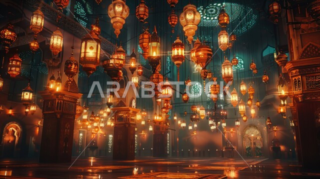 الاحتفال بشهر رمضان المبارك، فوانيس اسلامية وتحف تقليدية للاستعداد لقدوم شهر الخير، أضواء وأنوار وديكورات المناسبات الاسلامية والدينية، الأجواء الرمضانية الروحانية، فانوس عربي معدني مزخرف مضيء