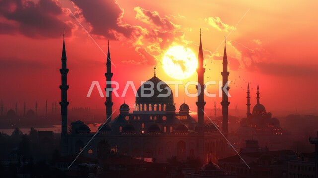 دعوة المسلمين إلى الصلاه, العباده والتقرب إلى الله, صورة ظليه لمسجد في وقت الغروب, المعالم الدينيه الإسلاميه في المملكه العربيه السعوديه, الفن الهندسي المعماري للمآذن والقبب على الطراز الإسلامي، سالوليت