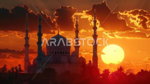 دعوة المسلمين إلى الصلاه، العبادة والتقرب إلى الله، صورة ظليه لمسجد في وقت الغروب، باريس عبادة إسلاميه في المملكه العربيه السعوديه، الفن الهندسي المعماري للمآذن والقباب على المواهب الإسلامية، سالوليت