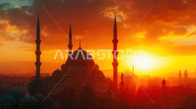 دعوة المسلمين إلى الصلاه، العبادة والتقرب إلى الله، صورة ظليه لمسجد في وقت الغروب، باريس عبادة إسلاميه في المملكه العربيه السعوديه، الفن الهندسي المعماري للمآذن والقباب على المواهب الإسلامية، سالوليت