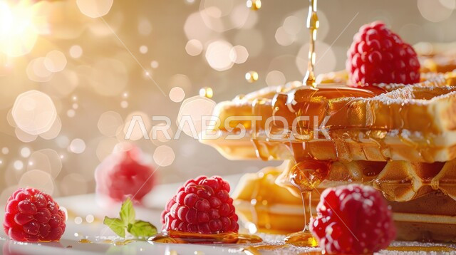 حلا الوافل المزين بقطع التوت البري الطازجة الشهية, طبق من الحلوى المخبوزة بالعسل، وصفات حلويات بالفاكهة الموسمية المنعشة، مأكولات عالية السعريات الحرارية