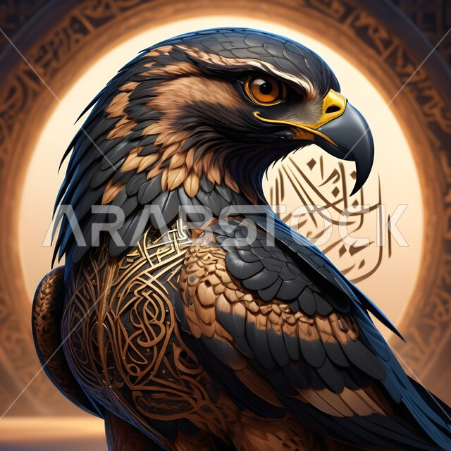 حب وشغف السعوديين بالطيور الجارحة، مجسم ثلاثي الابعاد ذهبي اللون لطائر الصقر الجارح، رمز القوة والتحدي، تصاميم مبتكرة للديكورات والمجسمات التراثية الثقافية، تحف فنية واطارات وبراويز جدارية