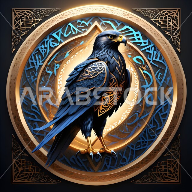 حب وشغف السعوديين بالطيور الجارحة، مجسم ثلاثي الابعاد ذهبي اللون لطائر الصقر الجارح، رمز القوة والتحدي، تصاميم مبتكرة للديكورات والمجسمات التراثية الثقافية، تحف فنية واطارات وبراويز جدارية