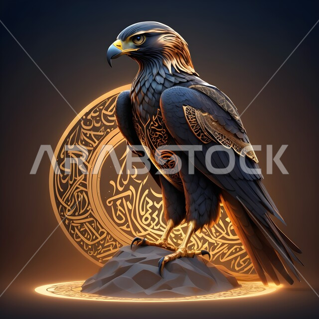 حب وشغف السعوديين بالطيور الجارحة، مجسم ثلاثي الابعاد ذهبي اللون لطائر الصقر الجارح، رمز القوة والتحدي، تصاميم مبتكرة للديكورات والمجسمات التراثية الثقافية، تحف فنية واطارات وبراويز جدارية