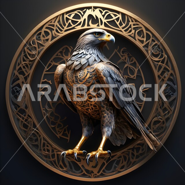 حب وشغف السعوديين بالطيور الجارحة، مجسم ثلاثي الابعاد ذهبي اللون لطائر الصقر الجارح، رمز القوة والتحدي، تصاميم مبتكرة للديكورات والمجسمات التراثية الثقافية، تحف فنية واطارات وبراويز جدارية