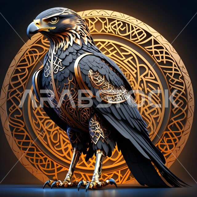 حب وشغف السعوديين بالطيور الجارحة، مجسم ثلاثي الابعاد ذهبي اللون لطائر الصقر الجارح، رمز القوة والتحدي، تصاميم مبتكرة للديكورات والمجسمات التراثية الثقافية، تحف فنية واطارات وبراويز جدارية