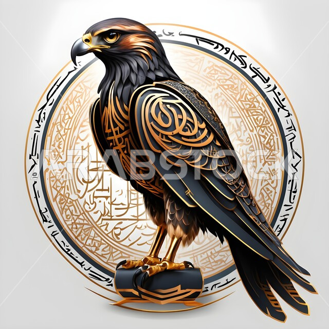 The Saudis’ love and passion for birds of prey, a golden three-dimensional model of a falcon bird of prey, a symbol of strength and challenge, innovative designs for cultural heritage decorations and models, artistic masterpieces, frames and wall frames.
