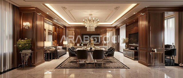 الفن الهندسي المعماري للفلل والمنازل الراقية، التصميم المتطور للمنشآت والمباني العصرية الحديثة, الاهتمام بالاكسسوارات والزينة، غرفة معيشة مع طاولة طعام وشاشة, الديكورات الداخلية للفنادق الفاخرة في المملكة العربية السعودية، قاعات استقبال بألوان مريحة