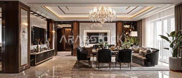 التصميم المتطور للمنشآت والمباني العصرية الحديثة، قاعات استقبال بألوان مريحة, الفن الهندسي المعماري للفلل والمنازل الراقية، الاهتمام بالاكسسوارات والزينة، غرفة معيشة مع طاولة طعام وشاشة, الديكورات الداخلية للفنادق الفاخرة في المملكة العربية السعودية