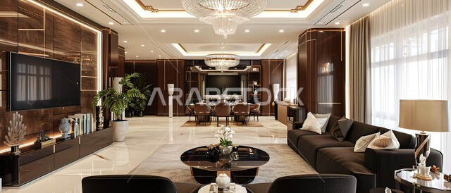 الديكورات الداخلية للفنادق الفاخرة في المملكة العربية السعودية, قاعات استقبال بألوان مريحة, التصميم المتطور للمنشآت والمباني العصرية الحديثة، الفن الهندسي المعماري للفلل والمنازل الراقية، غرفة معيشة مع طاولة طعام وشاشة، الاهتمام بالاكسسوارات والزينة