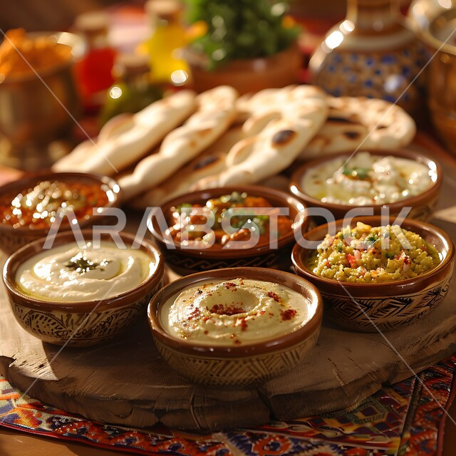 طبق مقبلات عربية مع الحمص والخبز العربي, أكلات عربية تقليدية ،مطاعم للمأكولات الشرقية, وصفات وأطباق شعبية لذيذة، وجبات الطعام الصحية الشهية، مطابخ المملكة العربية السعودية