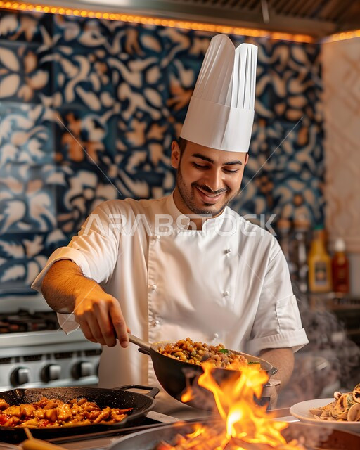 احتراف مهنة وفنون الطبخ، شيف عربي خليجي سعودي يرتدي زي الطهاة ويعمل في المطبخ بإيماءات السعادة والسرور، تحضير ألذ الوصفات والأطباق العربية الشرقية، الفن في إعداد وتقديم الأصناف المتنوعة، العمل في مطابخ ومطاعم المملكة العربية السعودية