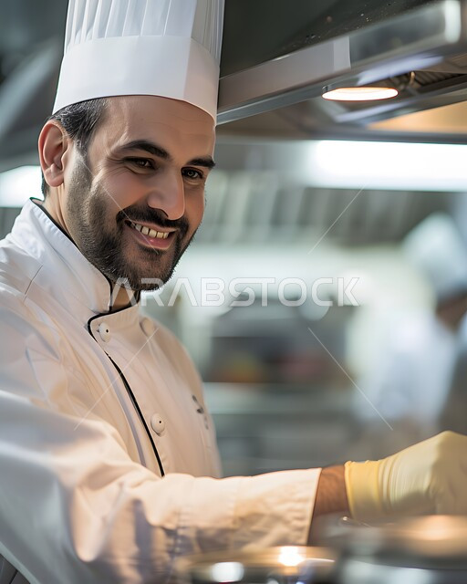 احتراف مهنة وفنون الطبخ، شيف عربي خليجي سعودي يرتدي زي الطهاة ويعمل في المطبخ بإيماءات السعادة والسرور، تحضير ألذ الوصفات والأطباق العربية الشرقية، الفن في إعداد وتقديم الأصناف المتنوعة، العمل في مطابخ ومطاعم المملكة العربية السعودية