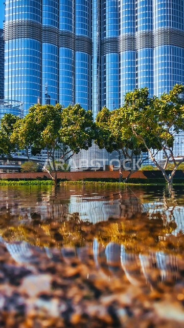  الفن الهندسي المعماري في بناء الأبراج وناطحات السحاب في مدينة دبي، صورة من الأسفل للنمو والتطور العمراني للمباني والمنشآت في دولة الإمارات العربية المتحدة، الاهتمام بالتشجير وزراعة النباتات، انعكاس صورة الأشجار على المياه الراكدة مع أوراق الخريف المتساقطة