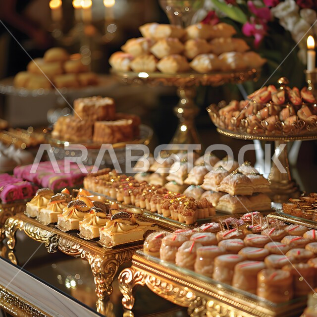 The art of presenting desserts in Arab restaurants, hospitality for holidays and occasions in the Kingdom of Saudi Arabia, foods rich in sugars and calories, recipes for oriental foods, a close-up photo of a group of delicious desserts