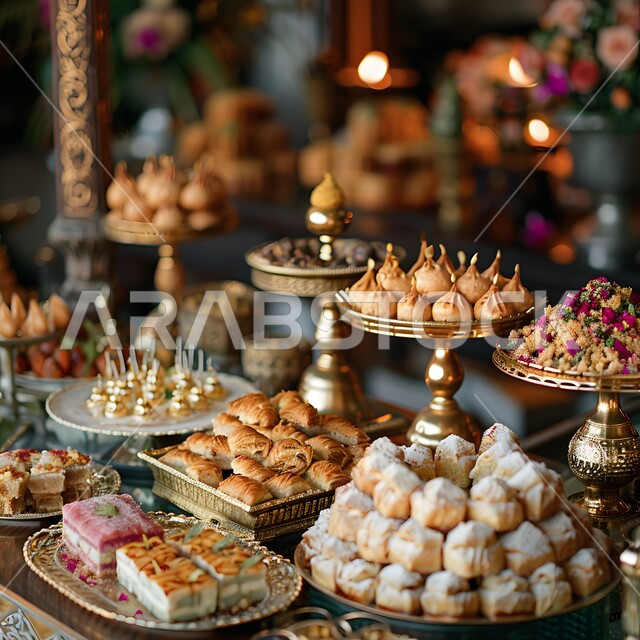 أشهى الحلويات الشرق أوسطية على طاولة البوفيه, ضيافة الأعياد والمناسبات في المملكة العربية السعودية, أكلات غنية بالسكريات والسعرات الحرارية, وصفات الأطعمة الشرقية, فنون تقديم الحلى في المطاعم العربية