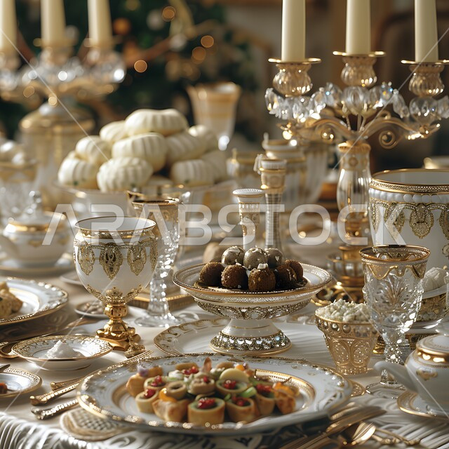 سفرة طعام فاخرة و أنيقة باللون الأبيض, إعداد طاولة أنيق من البورسلين المذهب والكريستال, مطاعم المملكة العربية السعودية, الحلويات اللذيذة و الشهية