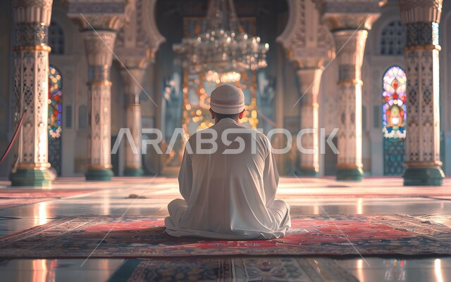 مفهوم الاعتكاف في المسجد، الطاعة والتقرب إلى الله تعالى، الجلسات الاسلامية الروحانية الهادئة في شهر رمضان المبارك, رجل عربي خليجي سعودي يقوم بأداء الفرائض