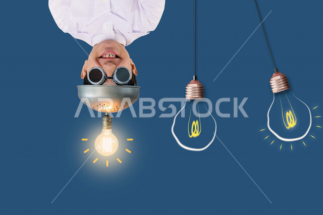 صورة مقربة لطفل خليجي سعودي جميل ، ذو أفكار إبداعية عبقرية ، خلفية مصابيح مضيئة ، ابتكار أفكار ، طفل مستقبلي .