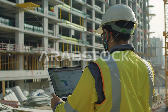 Working in the field of structural engineering, supervising the progress of excavation and construction works, a picture from the back of a Saudi Arabian Gulf engineer following up on plans at the work site, wearing the work protective clothing and helmet, following up on the implementation of architectural projects, Saudi professions and jobs