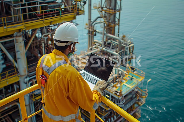 Working in the field of structural engineering, supervising the progress of excavation and construction works, a picture from the back of a Saudi Arabian Gulf engineer following up on plans at the work site, wearing the work protective clothing and helmet, following up on the implementation of architectural projects, Saudi professions and jobs